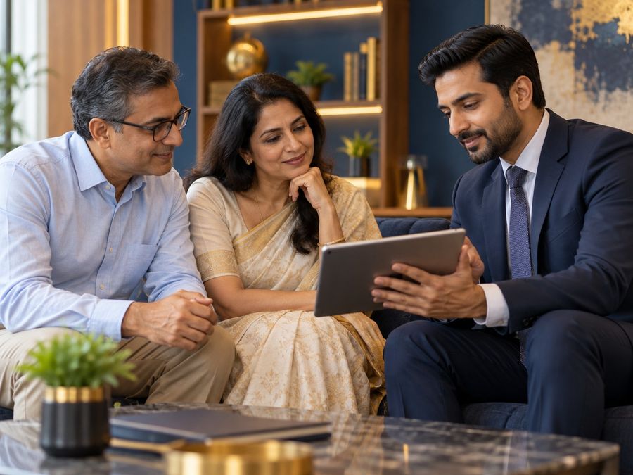 Advisor discussing financial plans with a couple at M J Wealth & Financial Solutions