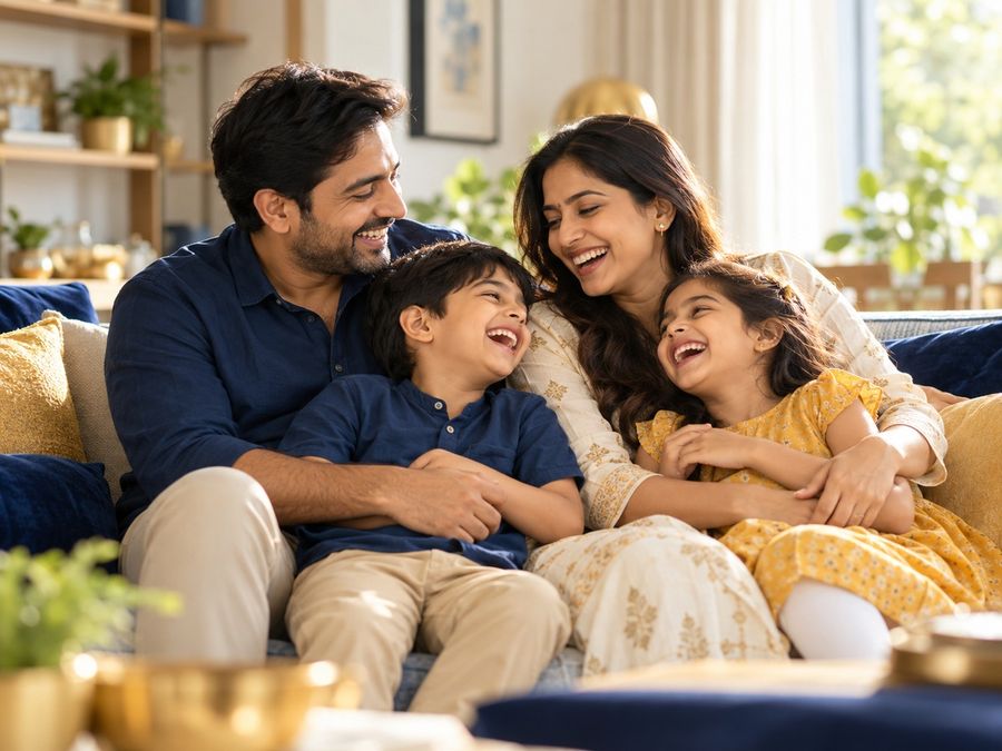 Happy Indian family protected by life and health insurance